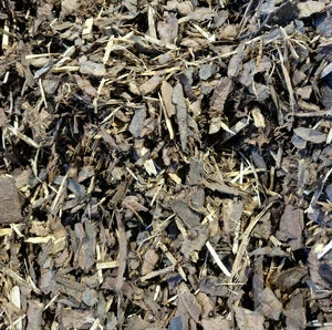 A close-up image of dark brown bark chips suitable for play areas and garden mulch.