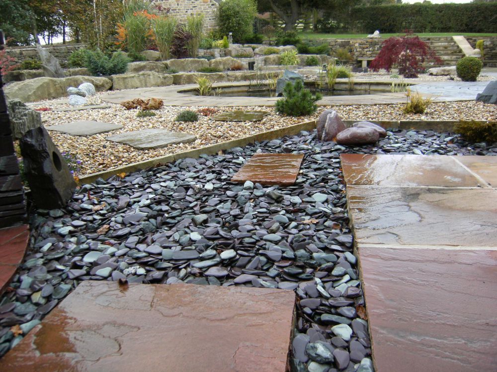 A garden path with stone slabs and gravel, surrounded by rocks and greenery.